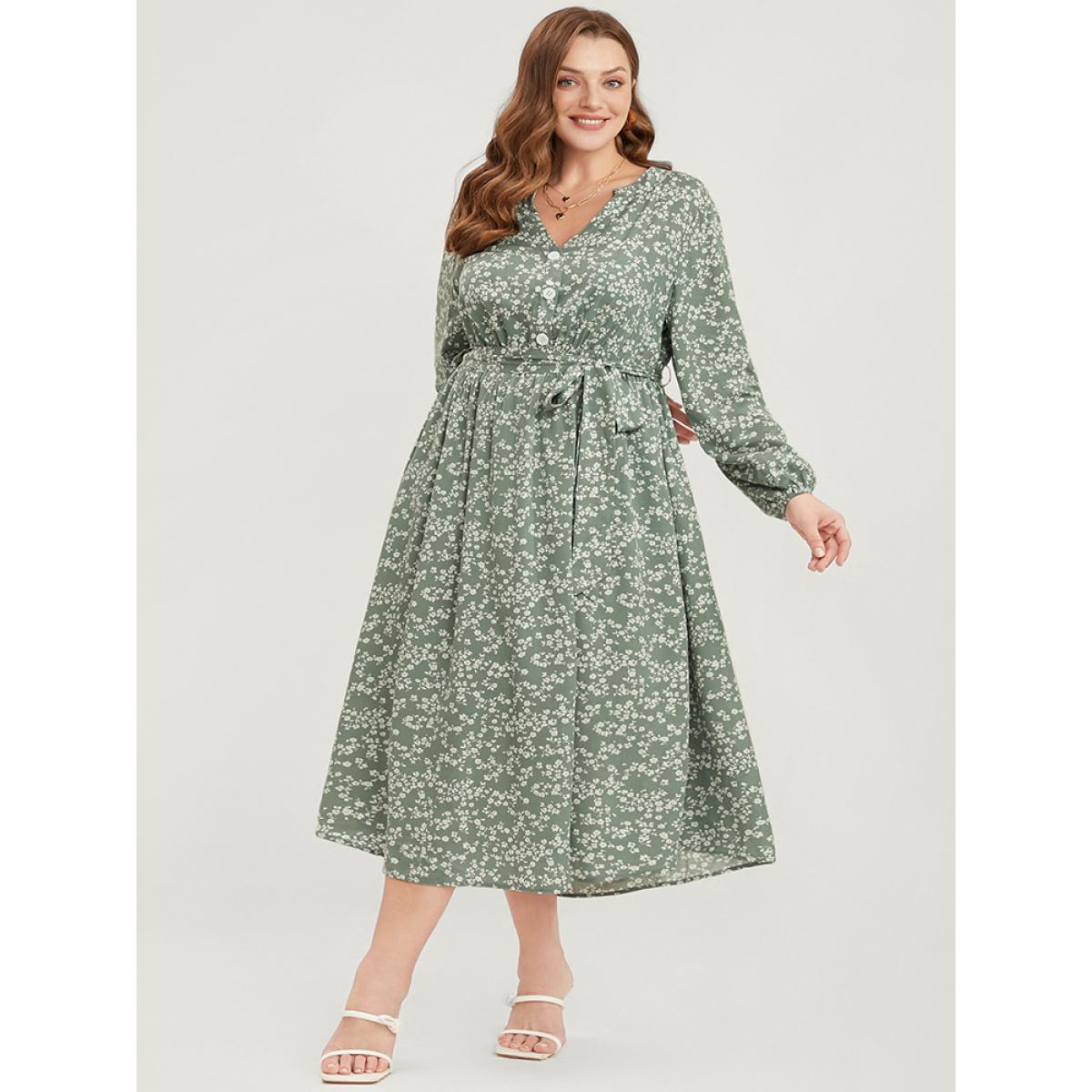 Plus Size Ditsy Floral Lantern Sleeve Pocket Button Through Belted Midi Dress Sage Women Elegant Button V-neck Long Sleeve Curvy Midi Dress BloomChic 12/L Product Image