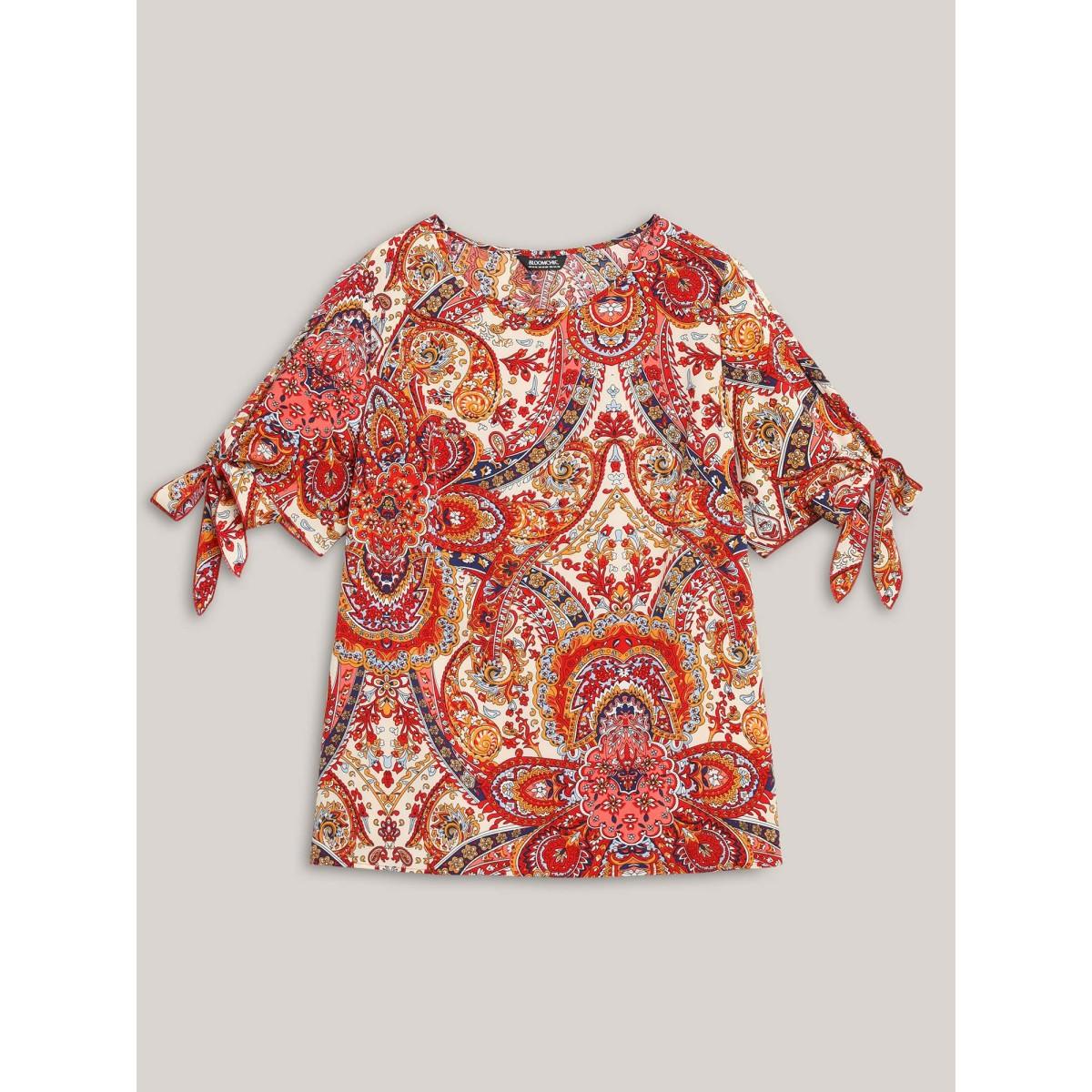 Plus Size Multicolor Paisley Print Round Neck Tied Shirt Women Boho Short sleeve Round Neck Vacation Blouses BloomChic 30/6X Product Image