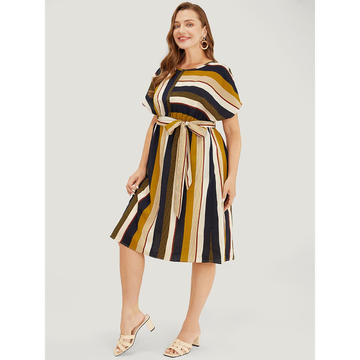 Plus Size Striped Patchwork Belted Ruffles Pocket Dolman Sleeve Dress Multicolor Women Vacation Contrast Round Neck Short sleeve Curvy Knee Dress BloomChic 28/5X Product Image