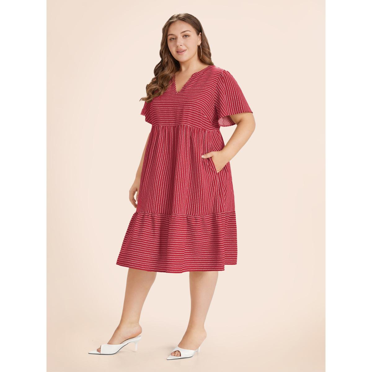 Plus Size Striped Patchwork Notched Flutter Layered Babydoll Dress Crimson Women Office Gathered Notched collar Short sleeve Curvy Midi Dress BloomChic 28/5X Product Image