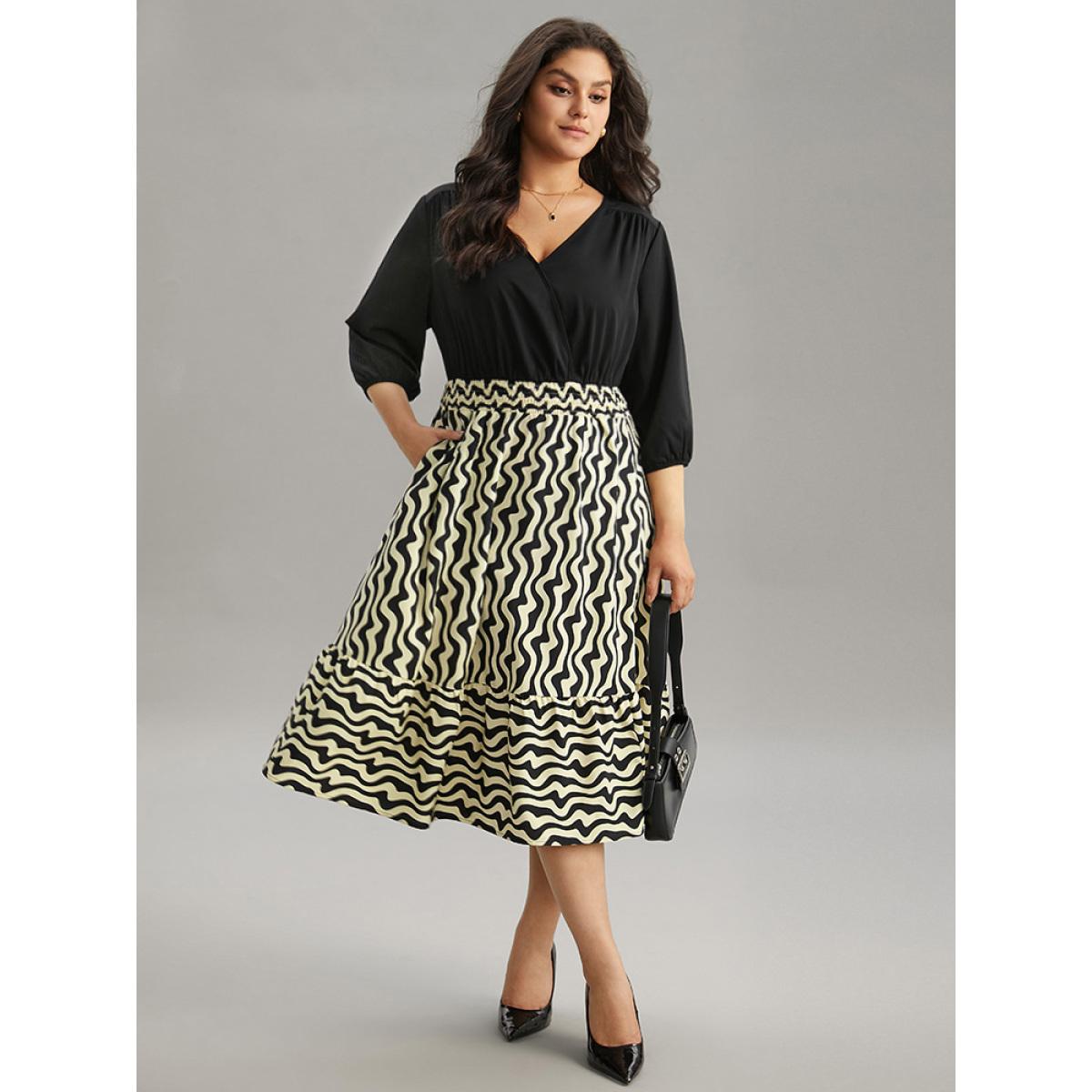 Plus Size Geometric Twill Patchwork Shirred Elastic Waist Dress Black Women Office Elastic cuffs V-neck Elbow-length sleeve Curvy Midi Dress BloomChic 18-20/2X Product Image