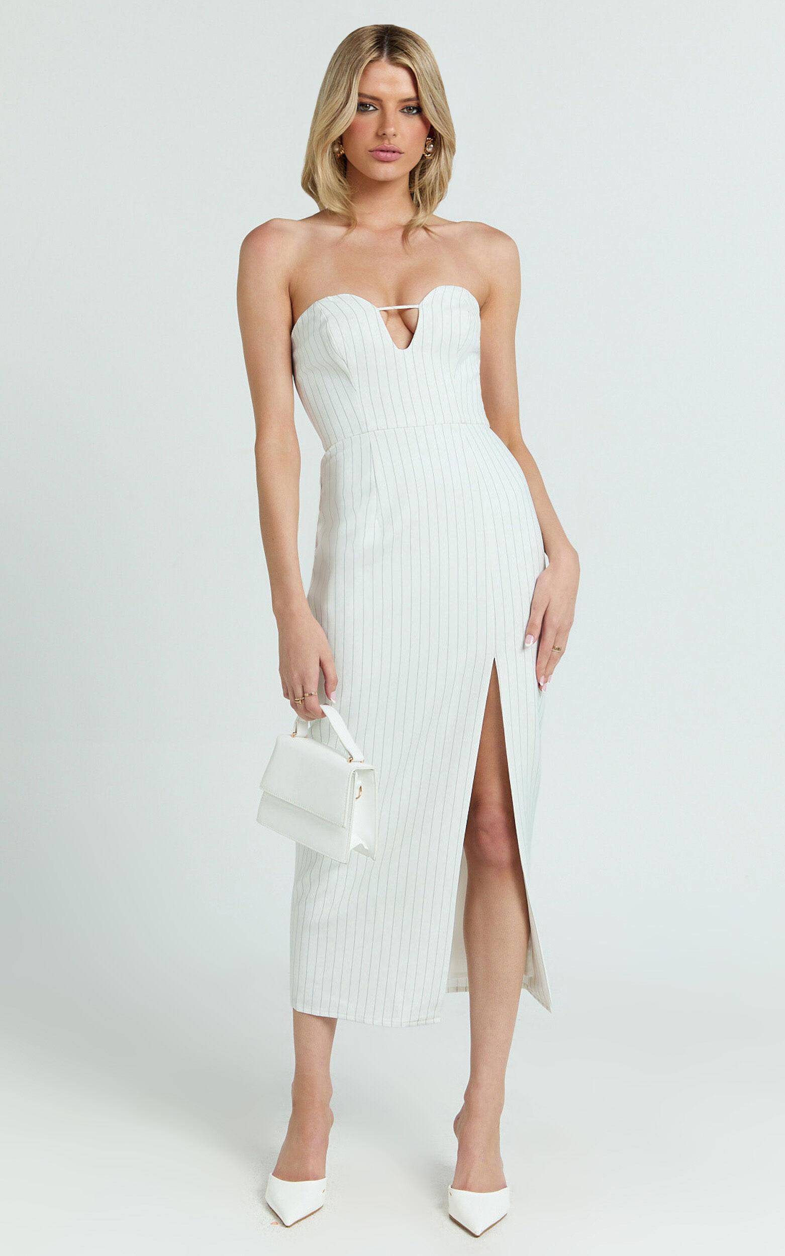 Wendy Midi Dress - Strapless Sweetheart Neckline Fitted Side Split Dress in White/Black Product Image