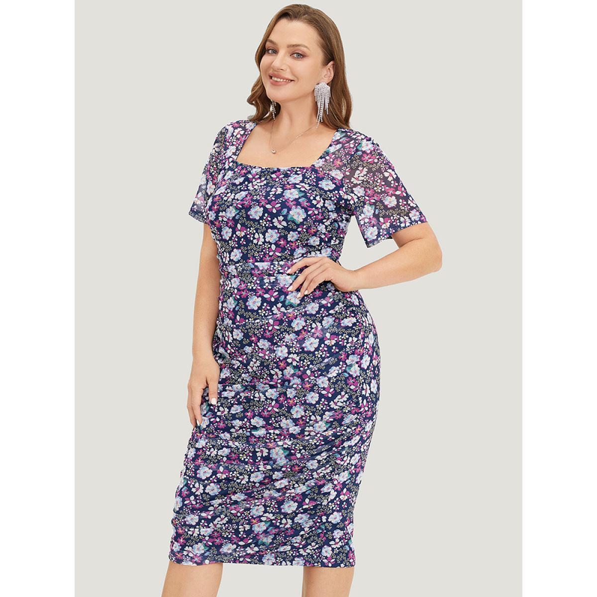 Plus Size Floral Print Ruched Square Neck Dress Stone Women Glamour Gathered Square Neck Short sleeve Curvy Midi Dress BloomChic 30/6X Product Image