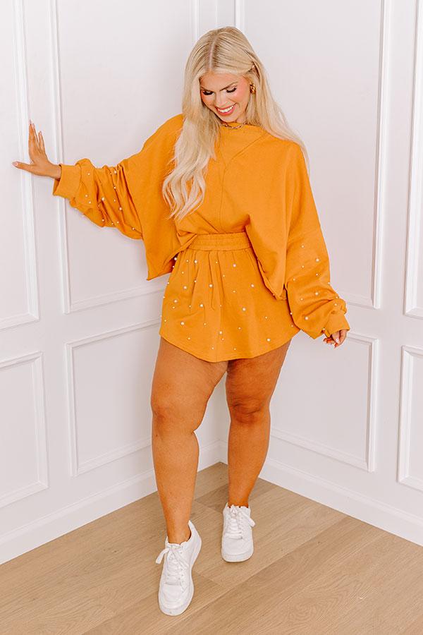 Sideline Chic Pearl Embellished Crop Sweatshirt in Rust Curves Product Image