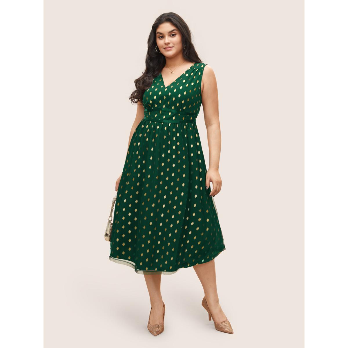 Plus Size Glitter Polka Dot Pocket Patchwork Tank Dress Emerald Women Cocktail Non V-neck Sleeveless Curvy Midi Dress BloomChic 10/M Product Image