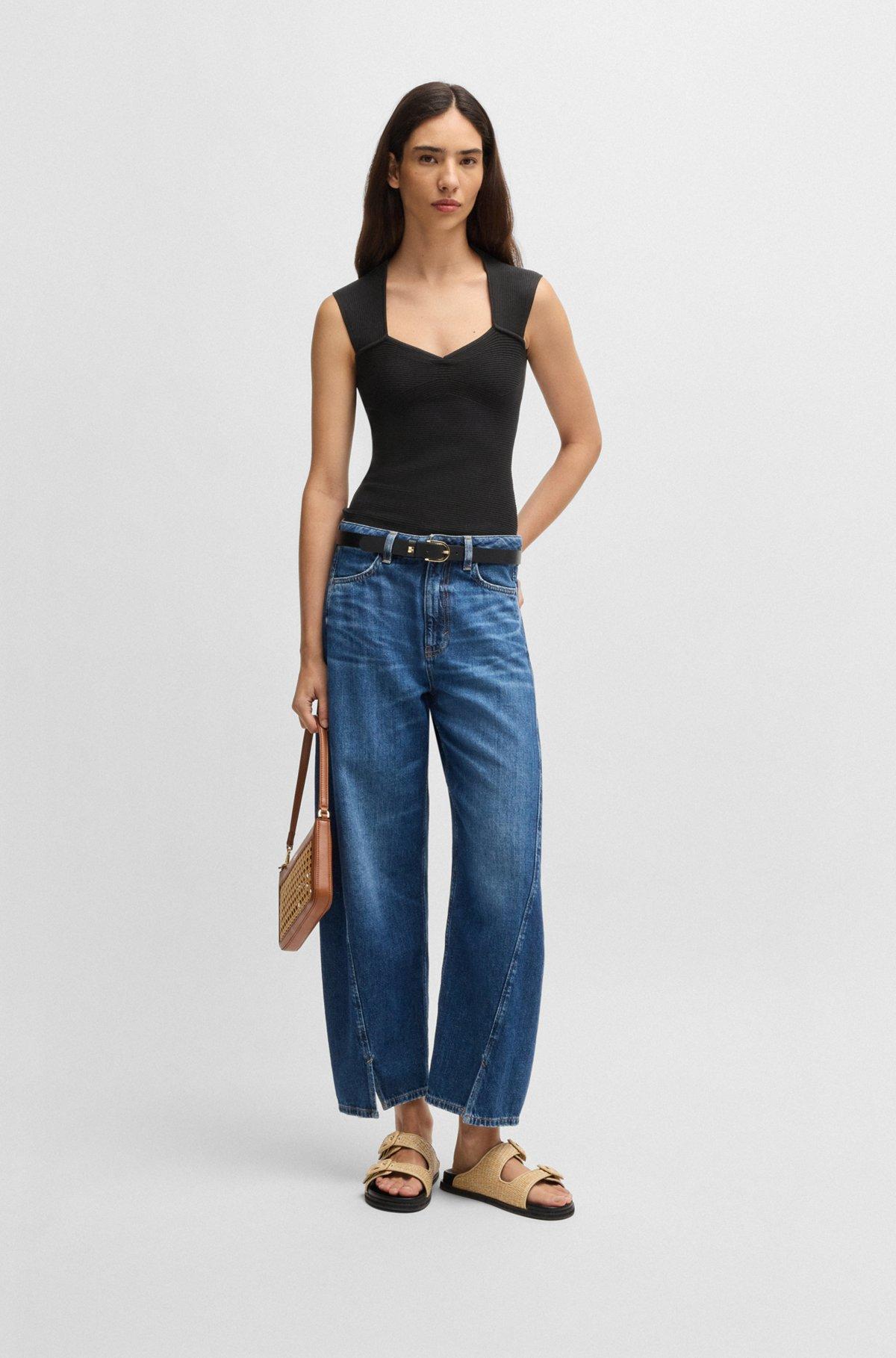 Sleeveless top in stretch fabric with mixed ribbing Product Image