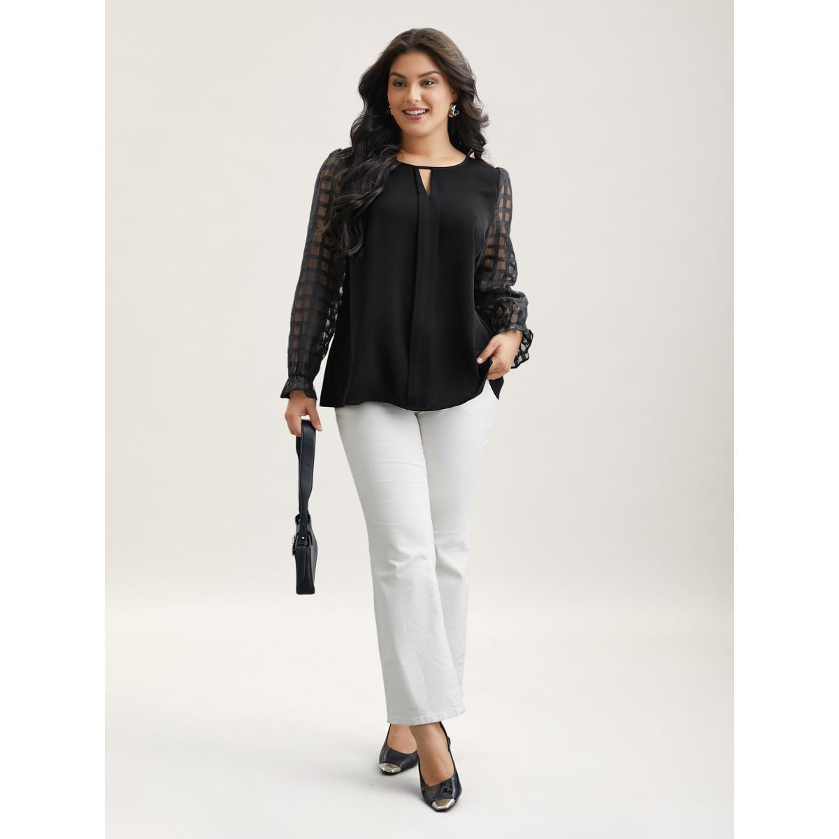 Plus Size Black Sheer Textured Sleeve Neck Cut-Out Shirt Women Office Long Sleeve Round Neck Office Blouses BloomChic 22-24/3X Product Image