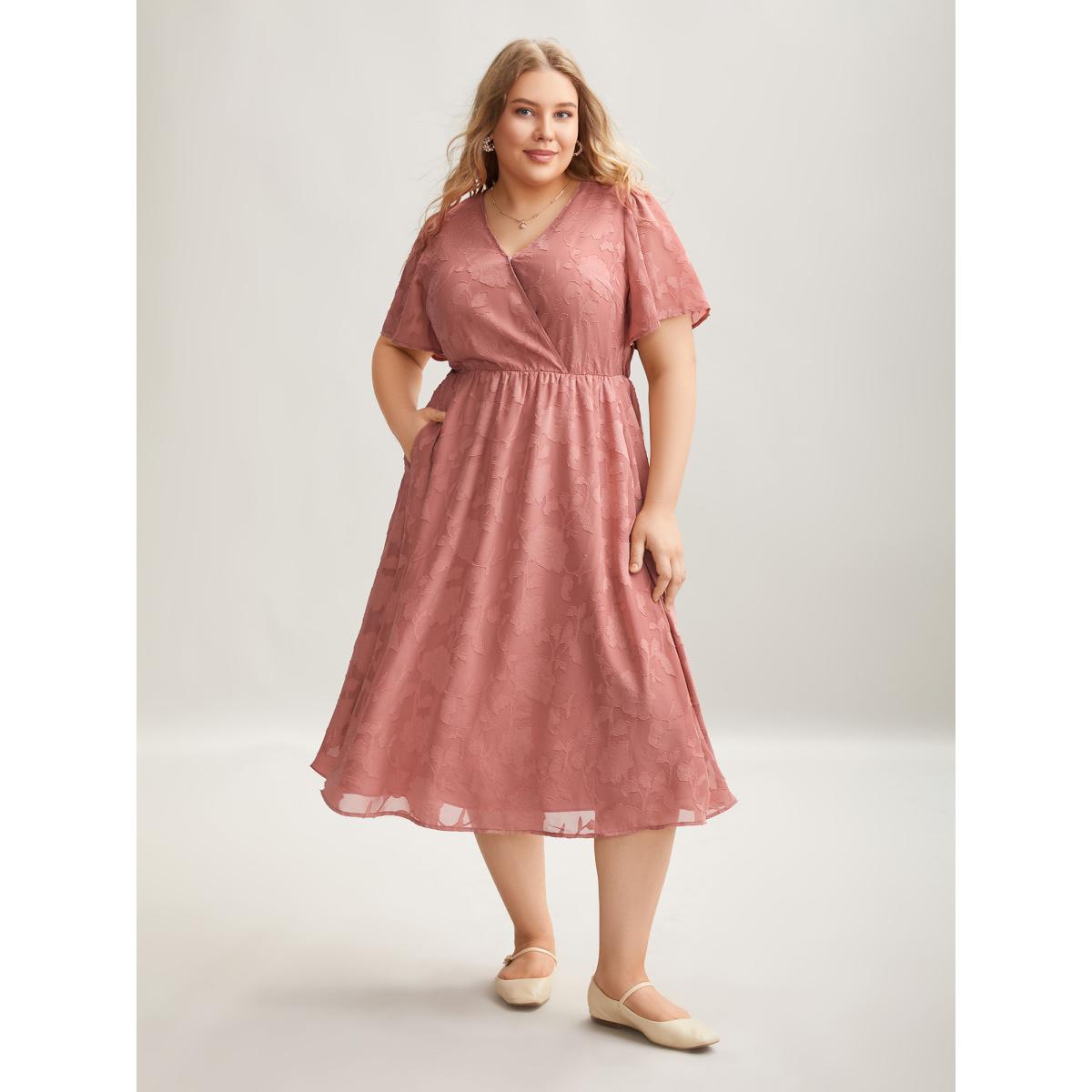 Plus Size Textured Surplice Neck Flared Sleeve Midi Dress Rouge Women Elegant Texture Overlap Collar Short sleeve Curvy BloomChic 22-24/3X Product Image