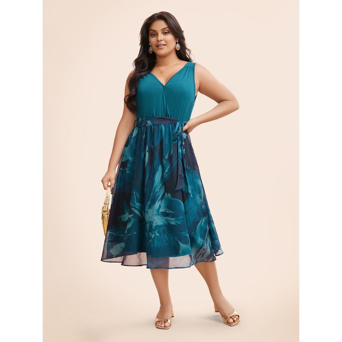 Plus Size Floral Print Belted Patchwork Pocket Tank Dress Aegean Women Glamour Wrap Overlap Collar Sleeveless Curvy Midi Dress BloomChic 28/5X Product Image