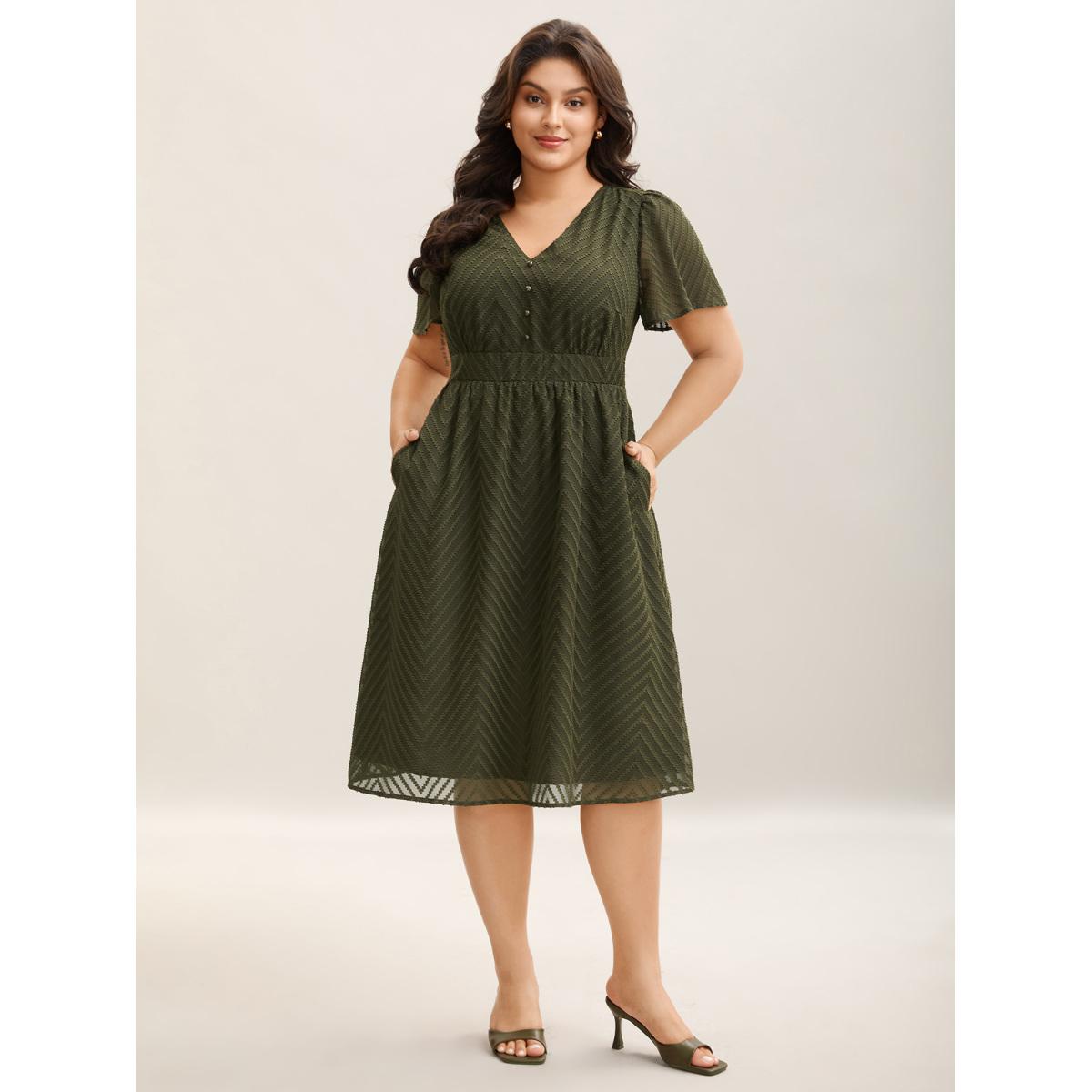 Plus Size Textured Woven-Like Cinched-Waist Midi Dress ArmyGreen Women Timeless V-neck Short sleeve Curvy BloomChic 22-24/3X Product Image