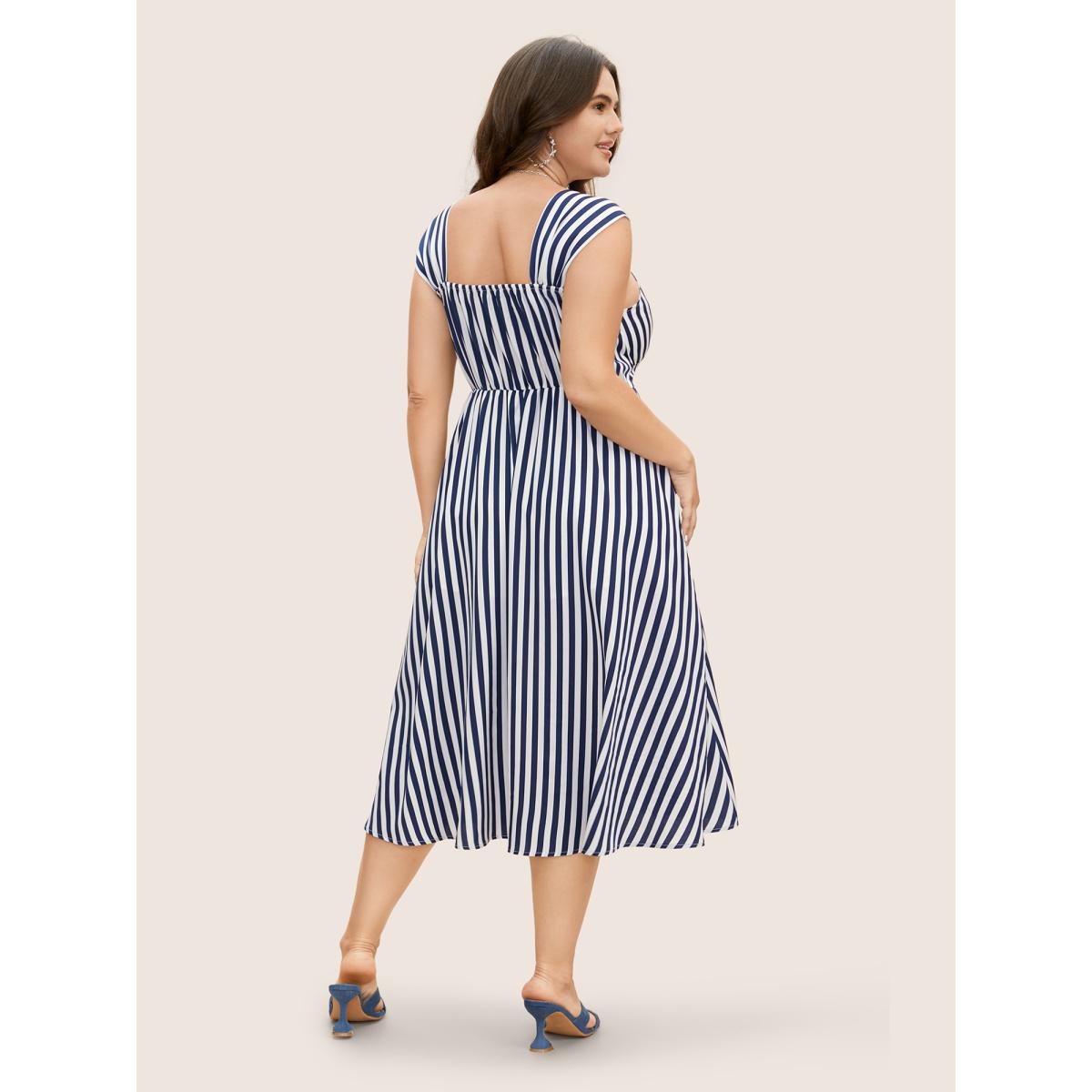 Plus Size Striped Button Detail Split Front Midi Dress Indigo Women Elegant Gathered Heart neckline Sleeveless Curvy BloomChic 26/4X Product Image