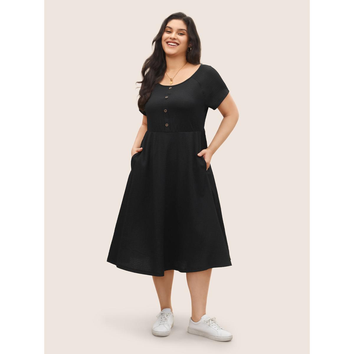Plus Size Boat Neck Raglan Sleeve Button Detail Dress Black Women Casual Non Boat Neck Short sleeve Curvy Midi Dress BloomChic 30/6X Product Image