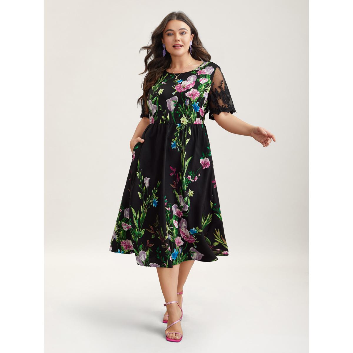 Plus Size Floral Print Flared Sleeve Spliced Midi Dress Black Women Elegant See through Round Neck Short sleeve Curvy BloomChic 14-16/1X Product Image