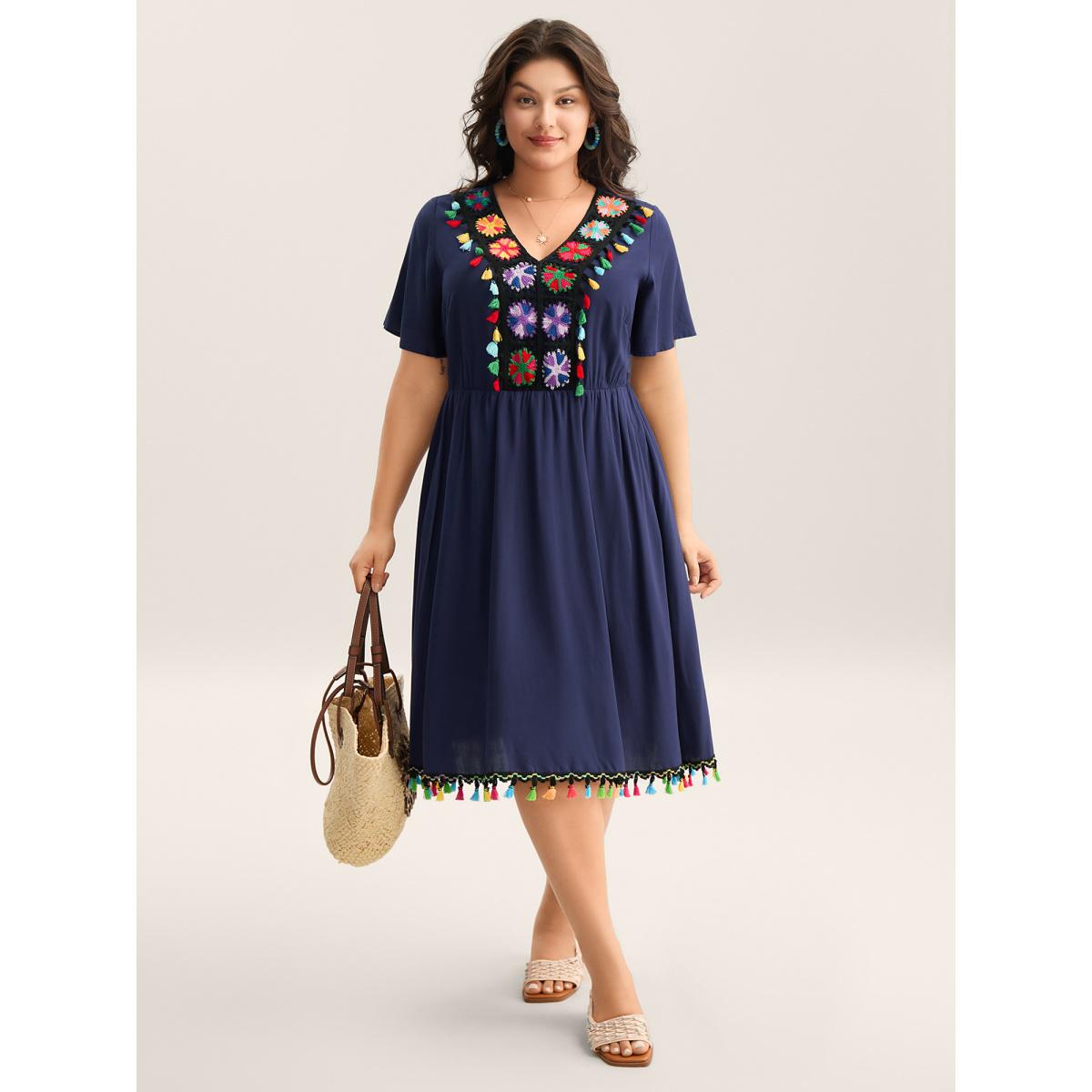 Plus Size Rayon Colorful Tassels Stretchy Waist Midi Dress Navy Women V-neck Short sleeve Curvy BloomChic 14-16/1X Product Image