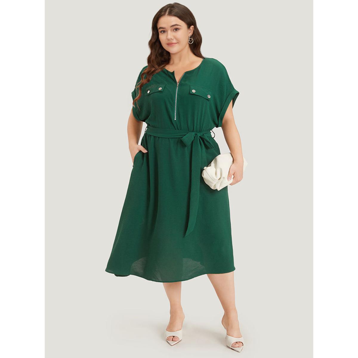 Plus Size Plain Zipper Pocket Button Detail Belted Roll Dress DarkGreen Women Office Plain Round Neck Short sleeve Curvy Midi Dress BloomChic 22-24/3X Product Image