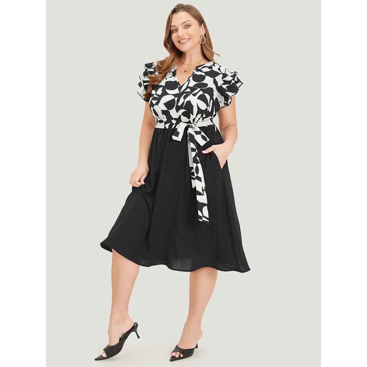Plus Size Geometric Pocket Belted Ruffle Sleeve Notched Dress White Women Office Plain Notched collar Cap Sleeve Curvy Midi Dress BloomChic 30/6X Product Image