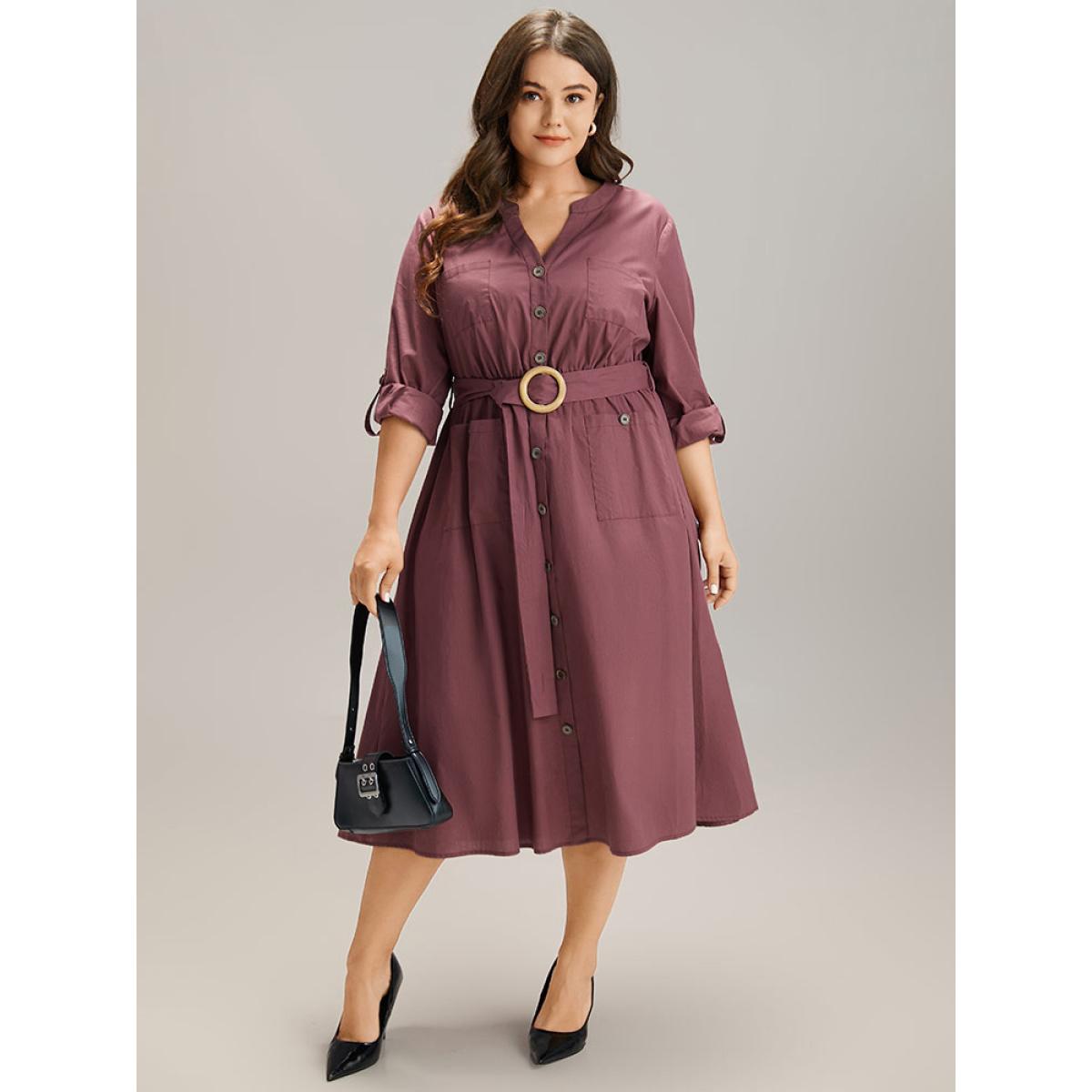 Plus Size Cotton Solid Buckle Detail Pocket Dress Burgundy Women Office Plain Shirt collar Long Sleeve Curvy Midi Dress BloomChic 18-20/2X Product Image