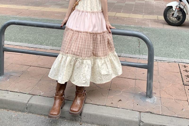 Spaghetti Strap Plaid Panel Tiered Midi A-Line Dress / Crochet Cardigan Product Image