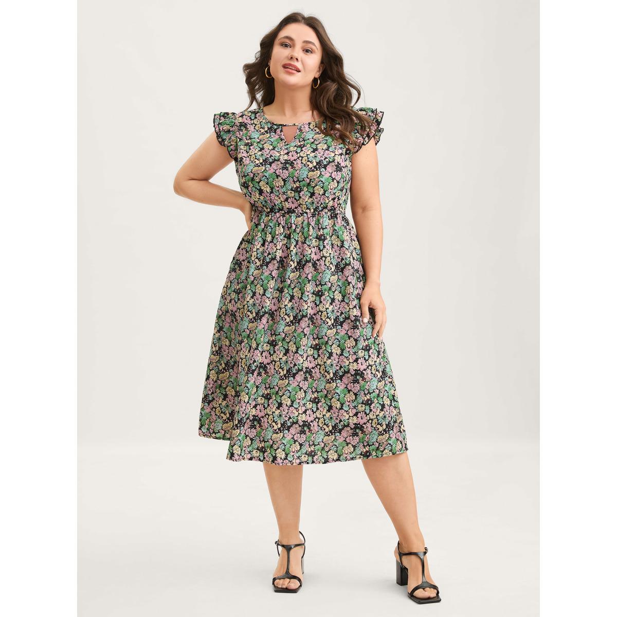 Plus Size Floral Layered Ruffled Sleeve Midi Dress Black Women Round Neck Cap Sleeve Curvy BloomChic 14-16/1X Product Image