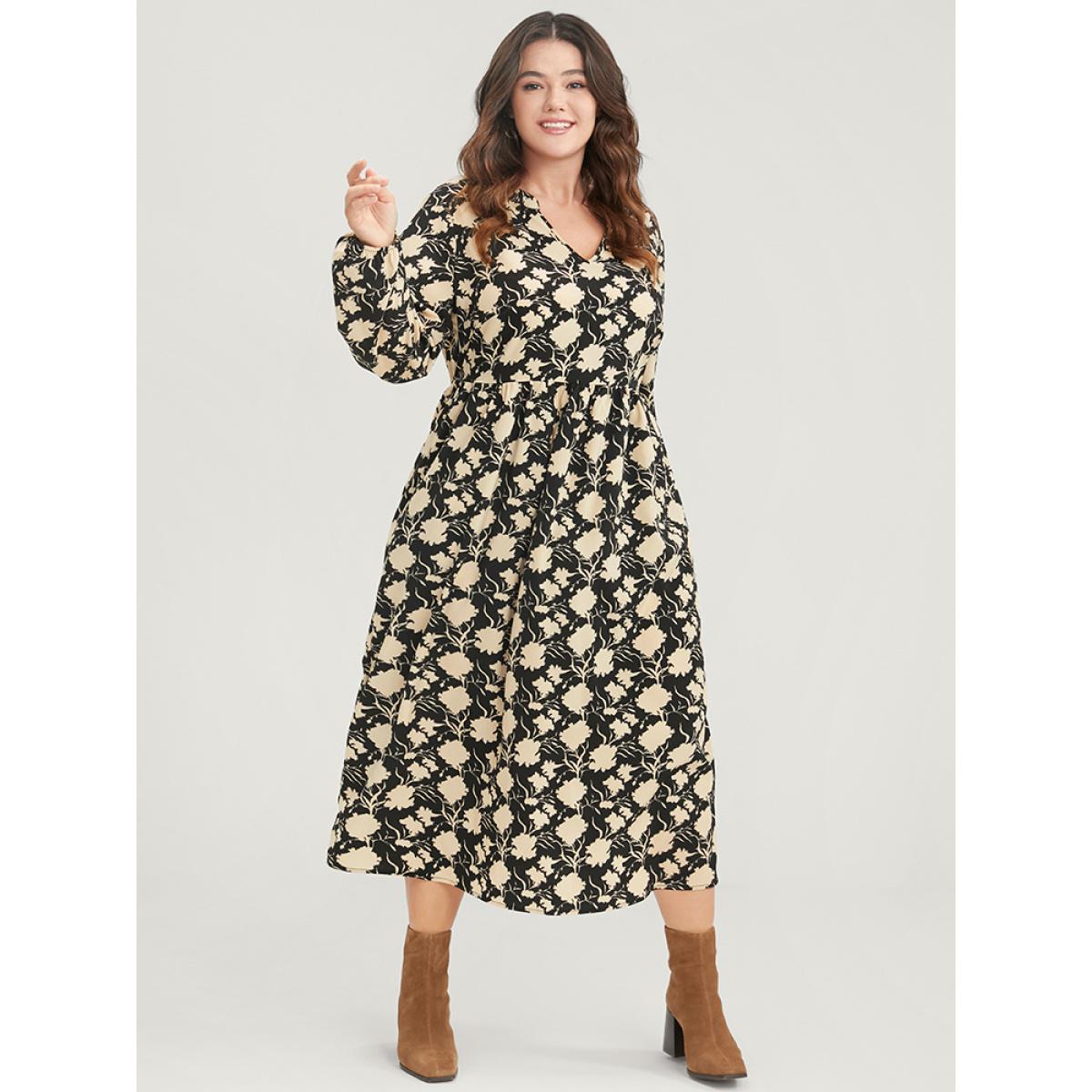 Plus Size Floral Lantern Sleeve Pocket V Neck Midi Dress Black Women Elegant Elastic Waist V-neck Long Sleeve Curvy Midi Dress BloomChic 28/5X Product Image