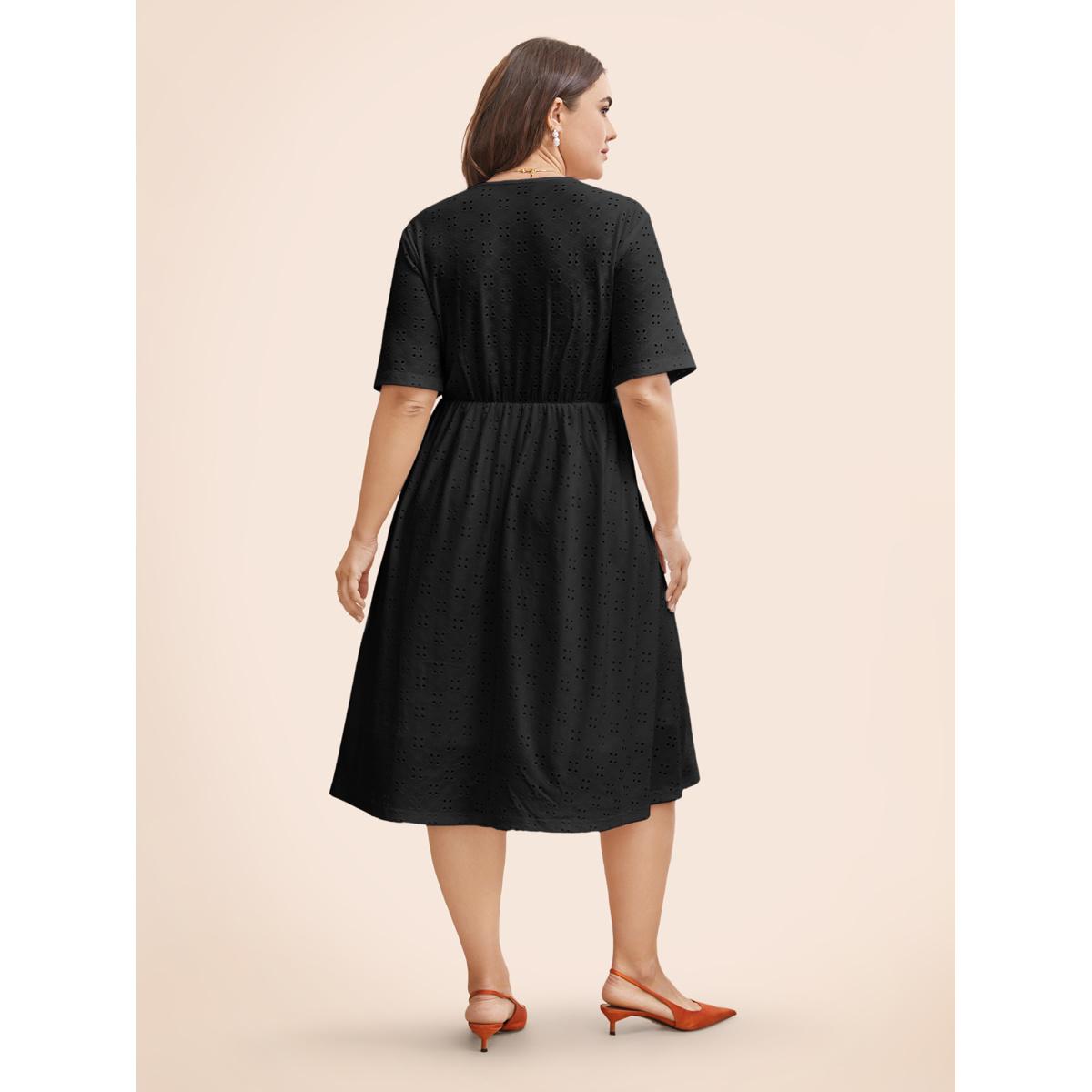 Plus Size Solid Pocket Laser Cut Surplice Neck Knee Dress Black Women Elegant Pocket V-neck Short sleeve Curvy Knee Dress BloomChic 12/L Product Image