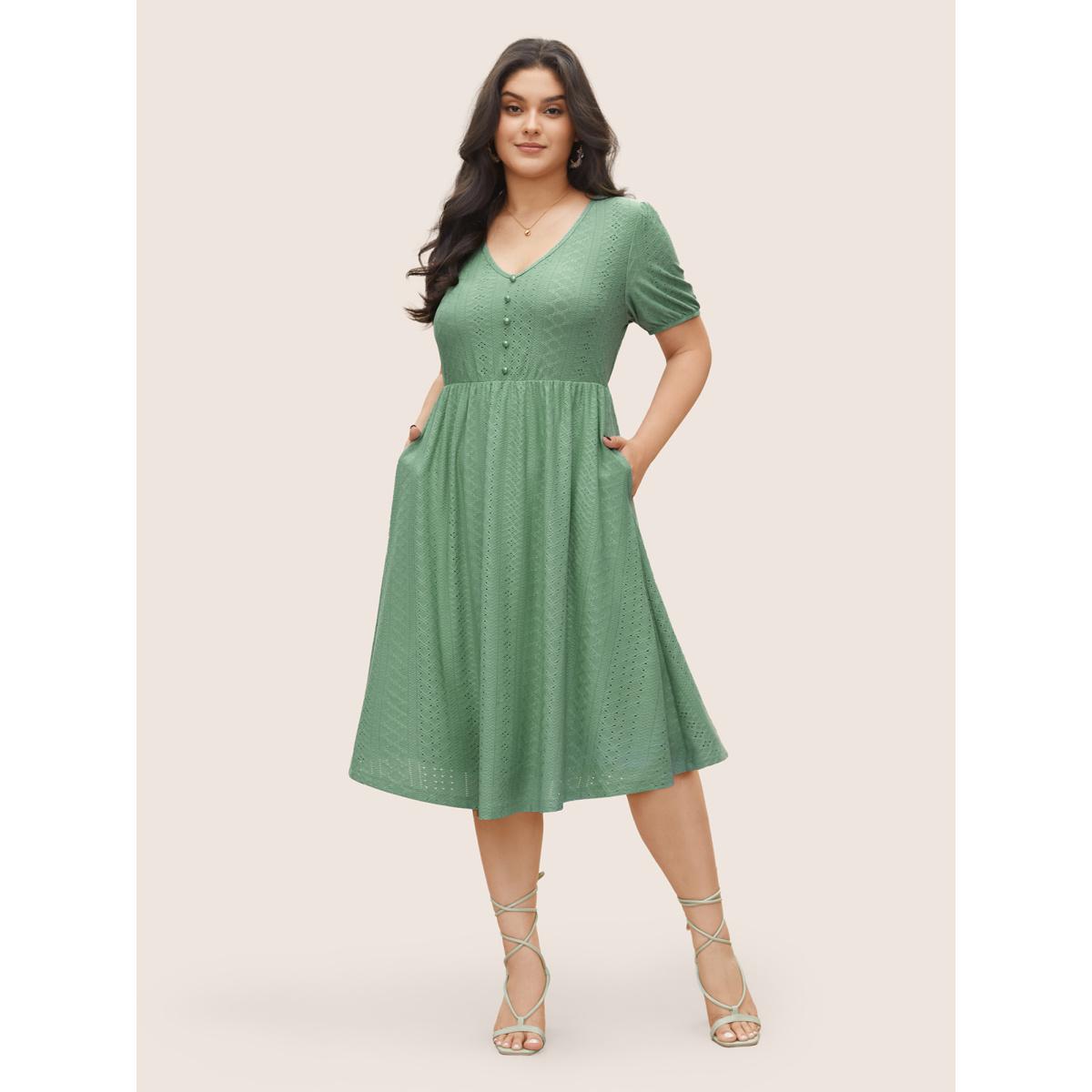 Plus Size Solid Hollow Out Button Detail Elastic Waist Dress Mint Women Elegant Non V-neck Short sleeve Curvy Midi Dress BloomChic 14-16/1X Product Image