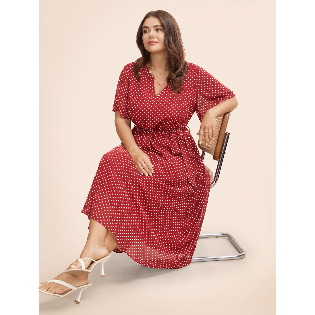 Plus Size Chiffon Polka Dot Ruffle Sleeve Dress Burgundy Women Elegant See through Flat collar Short sleeve Curvy BloomChic 28/5X Product Image