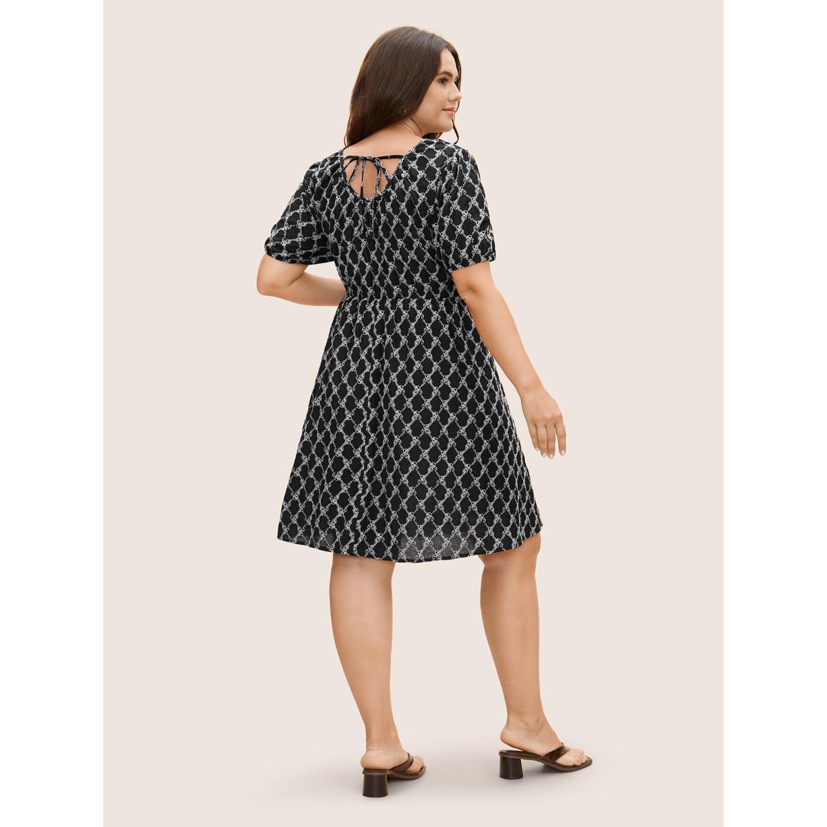 Plus Size U Neck Geometric Tie Knot Puff Sleeve Dress Black Women Casual Texture U-neck Short sleeve Curvy BloomChic 12/L Product Image
