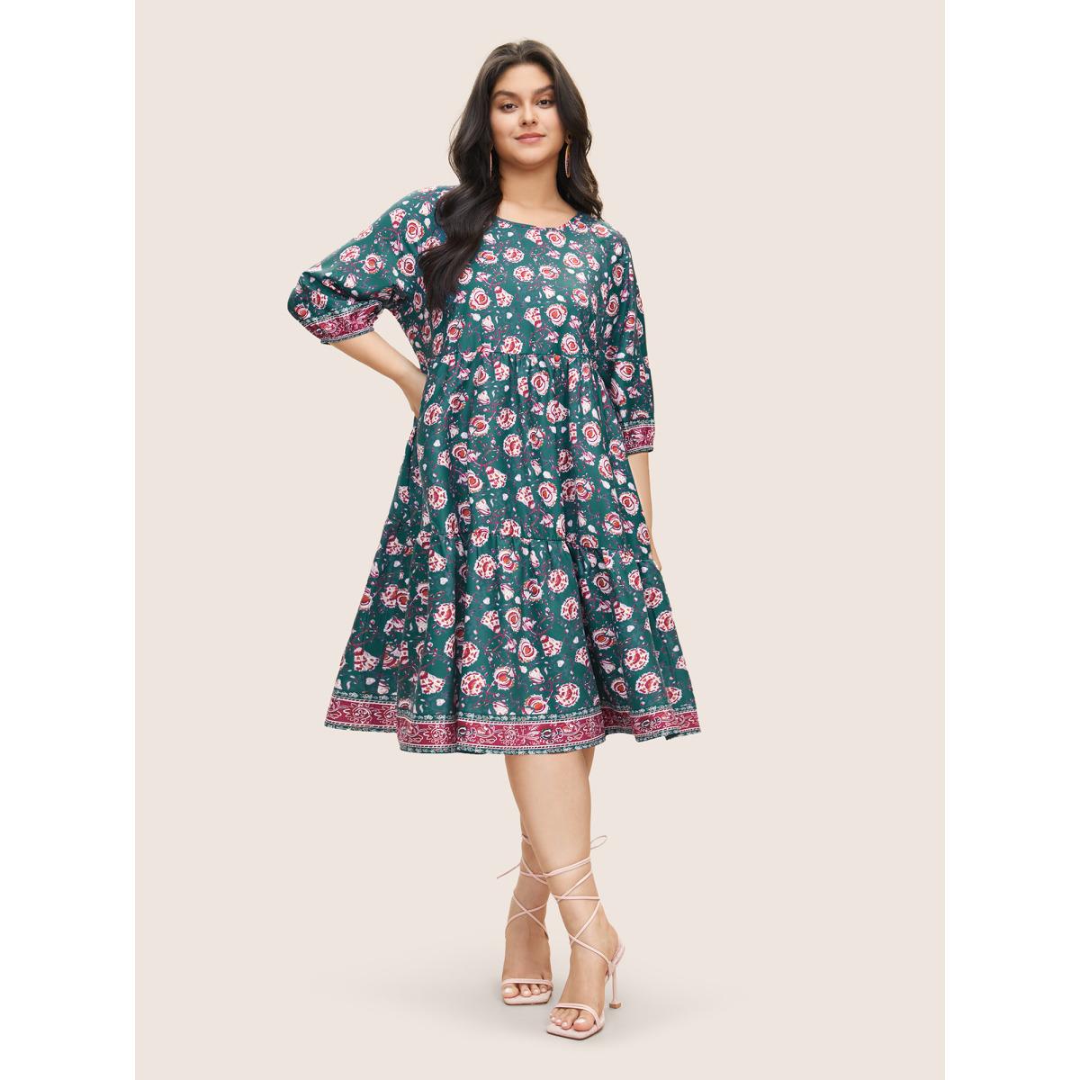 Plus Size Bandana Floral Print Lantern Sleeve Gathered Dress Emerald Women Resort Non Round Neck Elbow-length sleeve Curvy Midi Dress BloomChic 18-20/2X Product Image