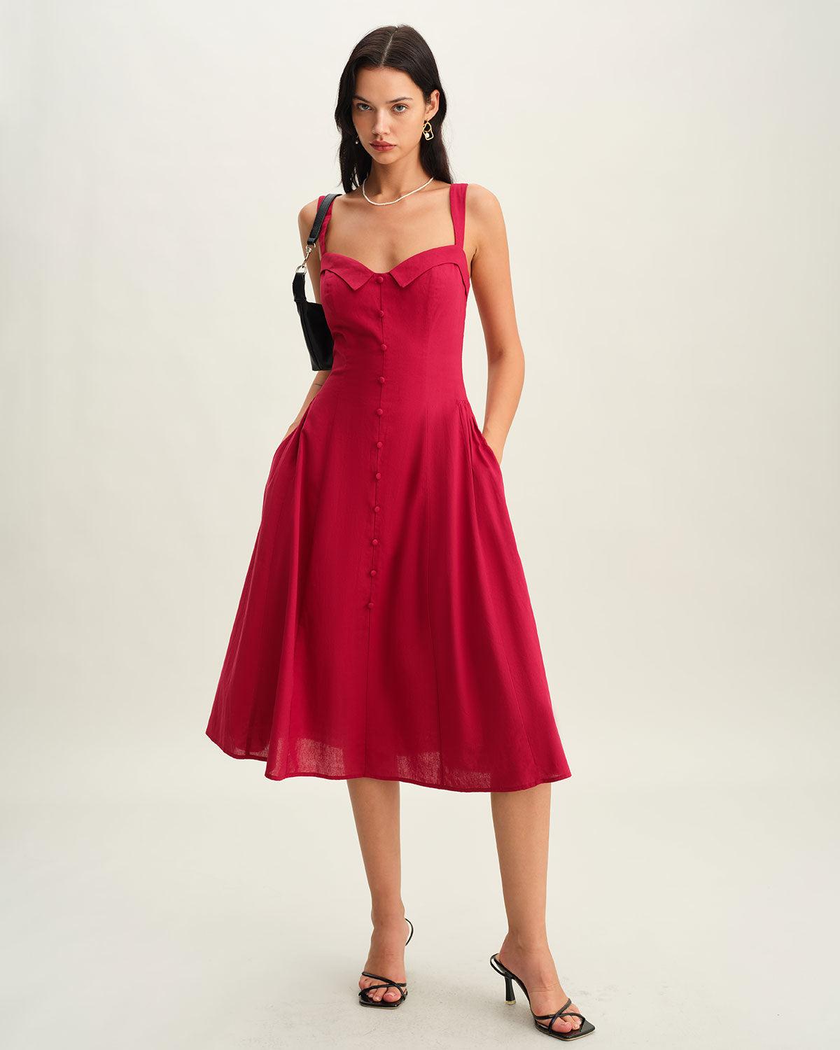 Red Sweetheart Neck Slip Midi Dress Product Image