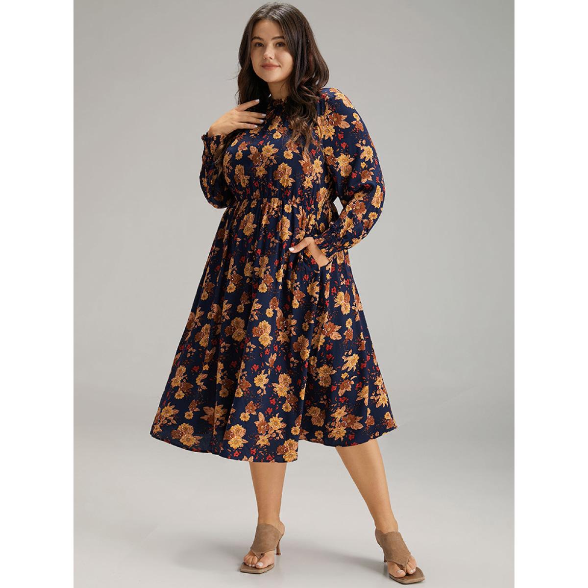 Plus Size Supersoft Essentials Floral Print Mock Neck Dress DarkBlue Women Elegant Printed Mock Neck Long Sleeve Curvy Midi Dress BloomChic 30/6X Product Image