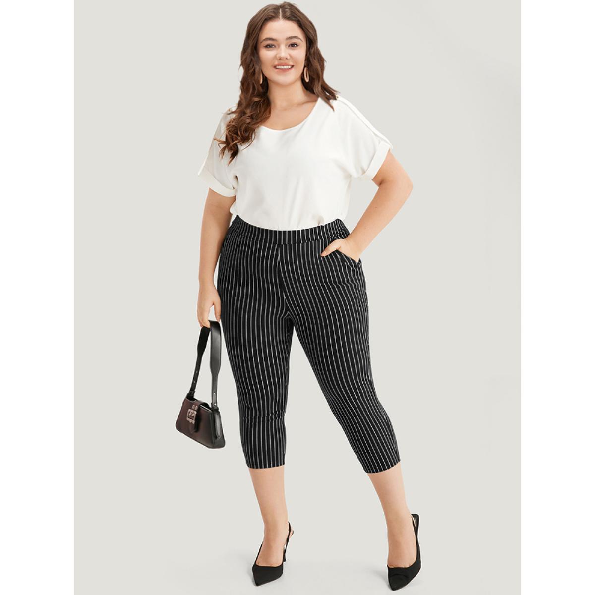 Plus Size Striped High Rise Pocket Elastic Waist Skinny Pants Women Black Office Skinny High Rise Office Pants BloomChic 10/M Product Image