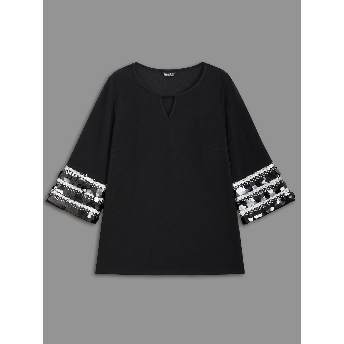 Plus Size Black Sequin Patchwork Keyhole Bell Sleeve Blouse Women Elegant Three Quarter Length Sleeve Round Neck Everyday Blouses BloomChic 10/M Product Image