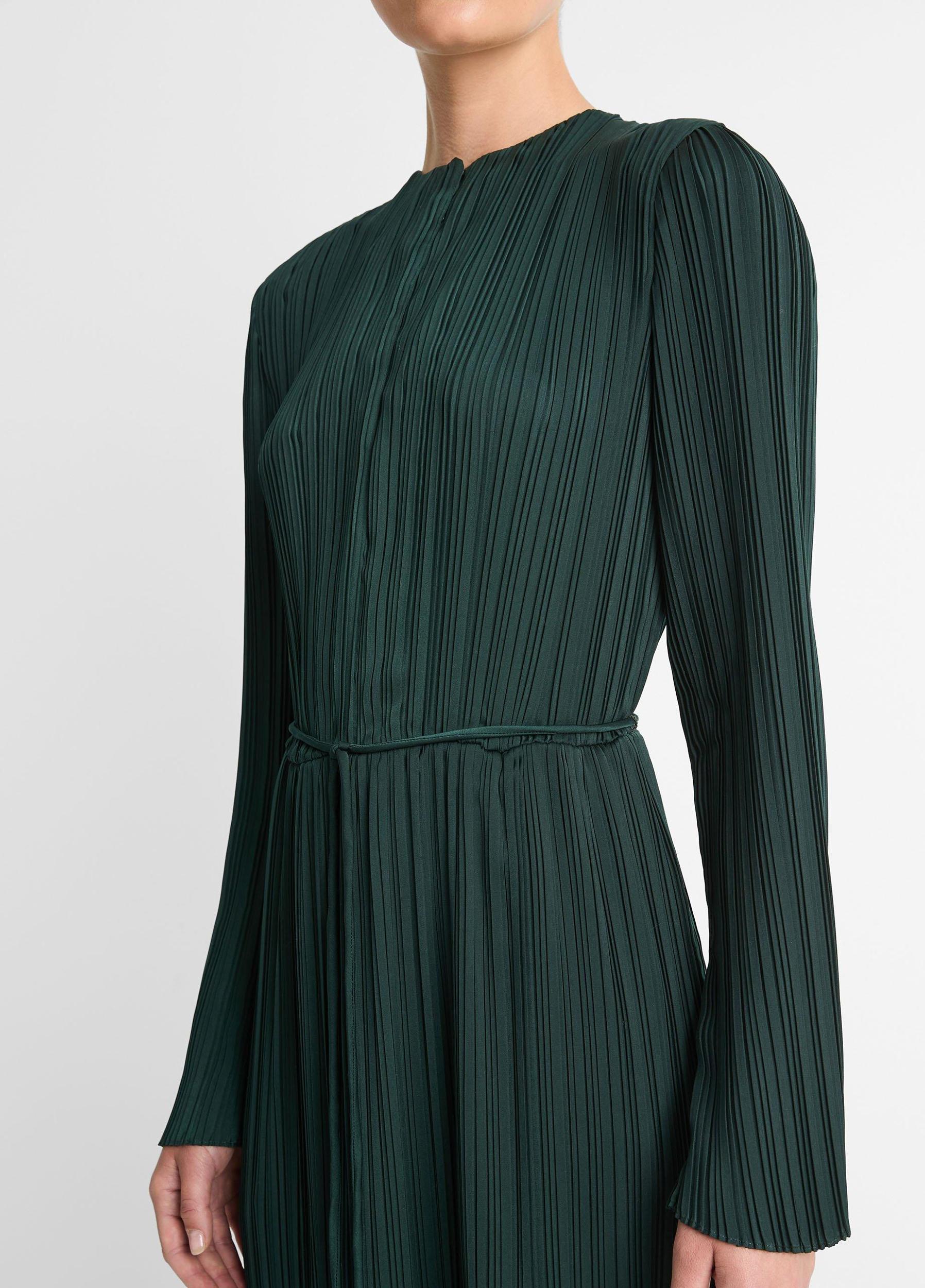 Pleated Satin Long-Sleeve Dress Product Image