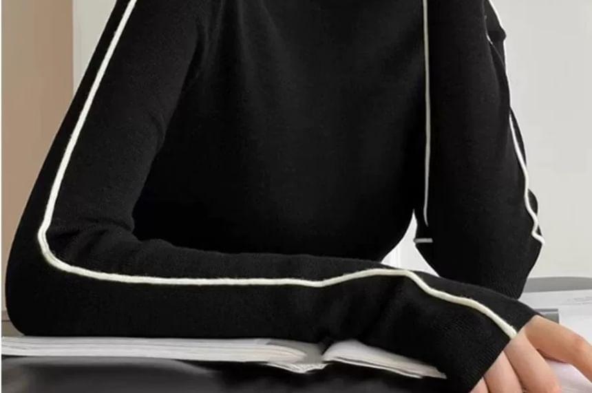Long Sleeve Mock Neck Contrast Trim Knit Top Product Image