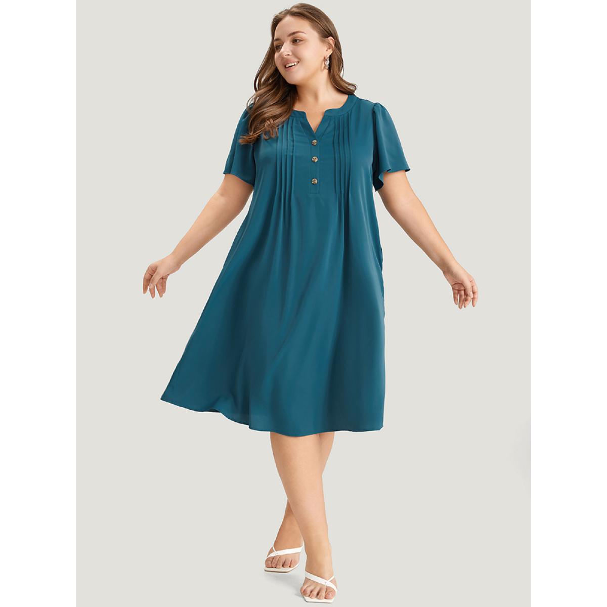 Plus Size Solid Pleated Front Button Detail Notched Ruffle Sleeve Dress Aegean Women Elegant Pleated Notched collar Short sleeve Curvy Knee Dress BloomChic 22-24/3X Product Image