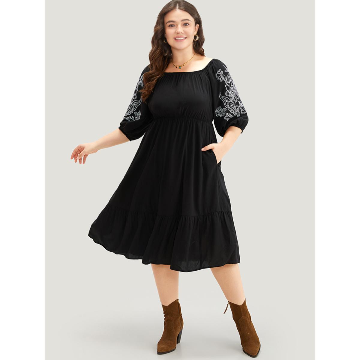 Plus Size Floral Embroidered Pocket Square Neck Lantern Sleeve Dress Black Women Vacation Adjustable Straps Square Neck Half Sleeve Curvy Midi Dress BloomChic 18-20/2X Product Image