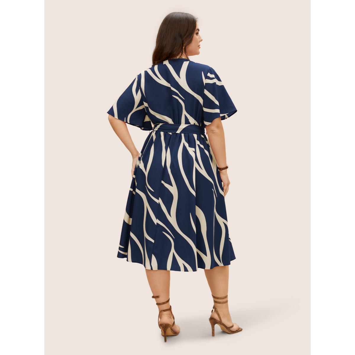 Plus Size Geometric Surplice Neck Tie Knot Midi Dress Navy Women At the Office Belted Flat collar with V-notch Short sleeve Curvy BloomChic 10/M Product Image