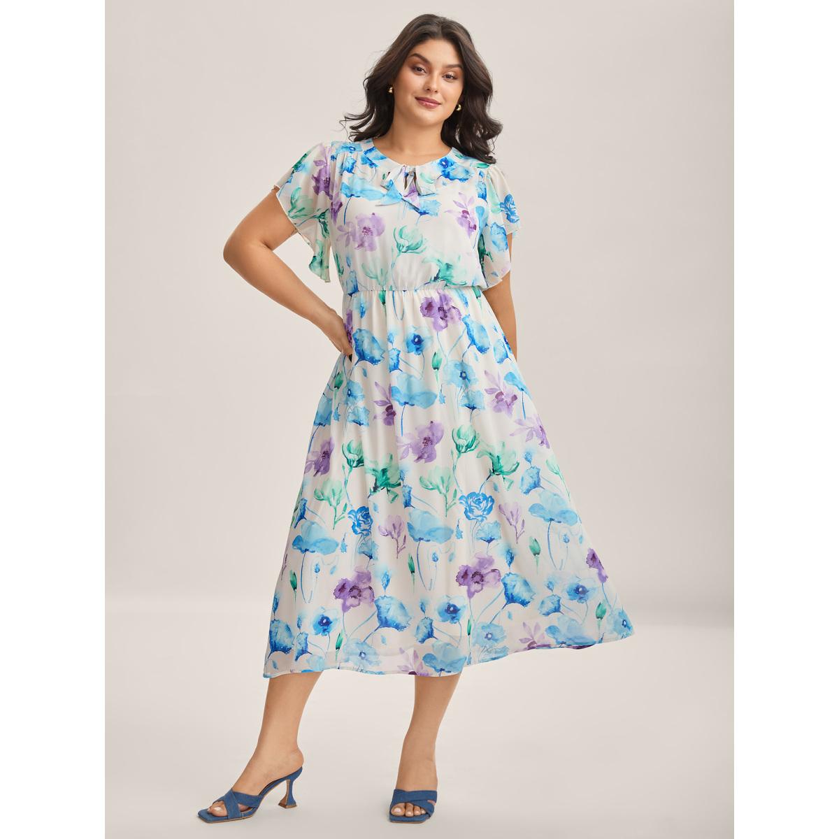Plus Size Breezy Floral Stretchy Waist Sheer Midi Dress Lavender Women Ribbon-tied collar Cap Sleeve Curvy BloomChic 22-24/3X Product Image