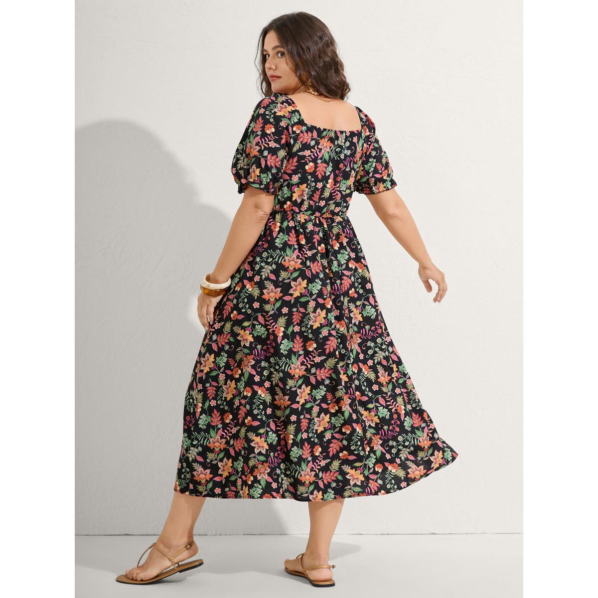 Plus Size Net Shirred Paisley Print Midi Dress Black Women Shirred Square Neck Short sleeve Curvy BloomChic 18-20/2X Product Image