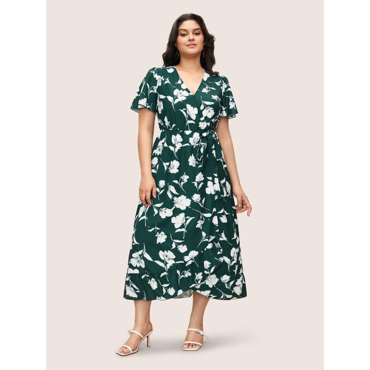 Plus Size Floral Ruffle Knot Side Wrap Dress DarkGreen Women Elegant Ruffles V-neck Short sleeve Curvy Midi Dress BloomChic 18/2X Product Image