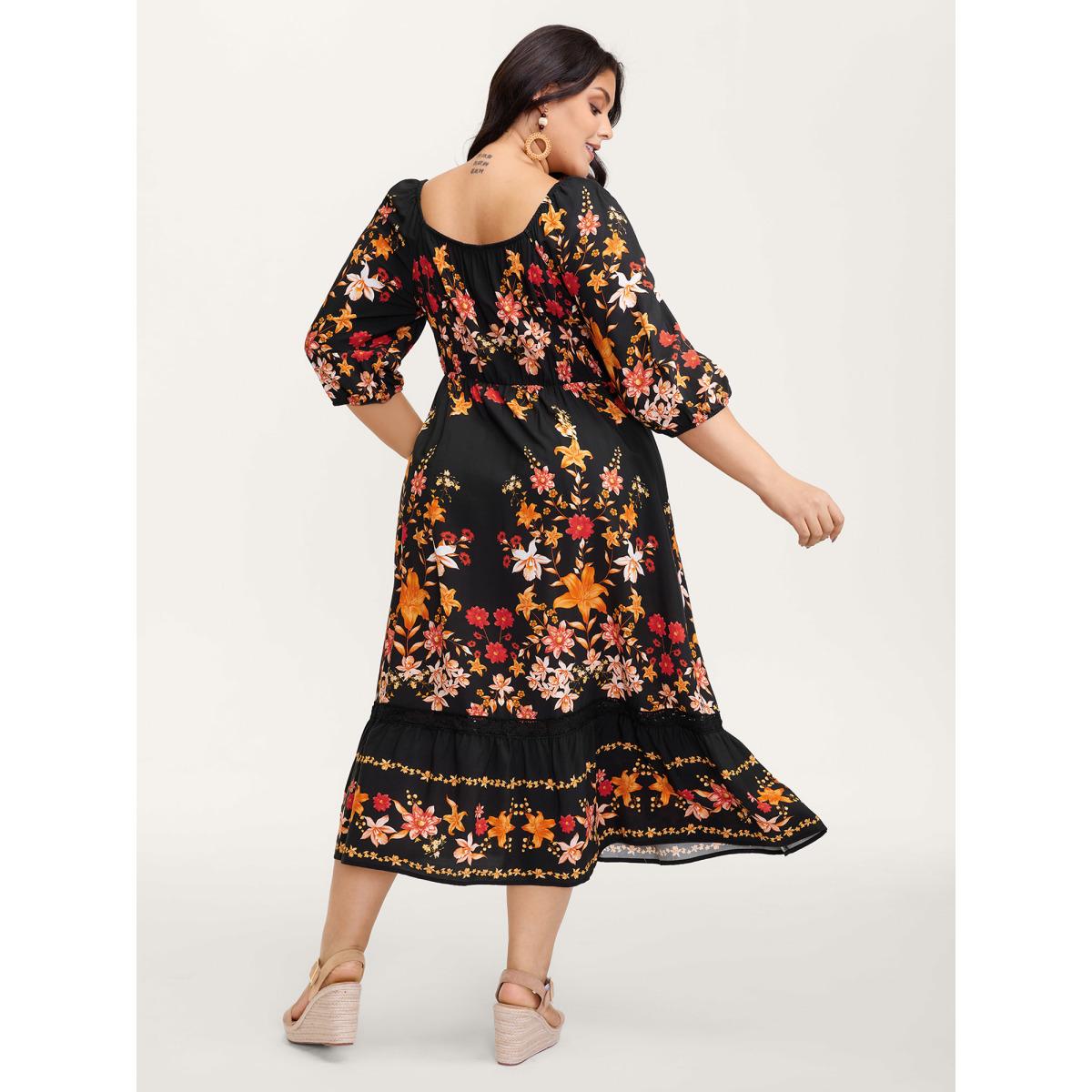 Plus Size Floral Print Lace Trim Shirred Maxi Dress BlackFlower Women Boho Woven ribbon&lace trim Square Neck Elbow-length sleeve Curvy BloomChic 26/4X Product Image
