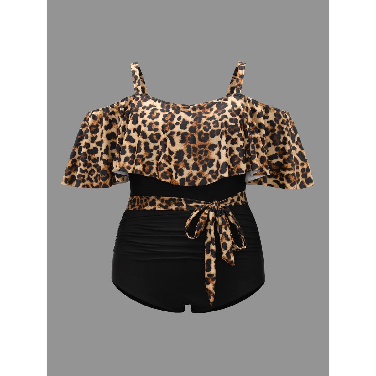 Plus Size Leopard Print Tiered Ruffles Belted One-Piece Swimsuit Women's Swimwear Leopard Beach Tie knot Curve Bathing Suits High stretch One Pieces BloomChic 14-16/1X Product Image