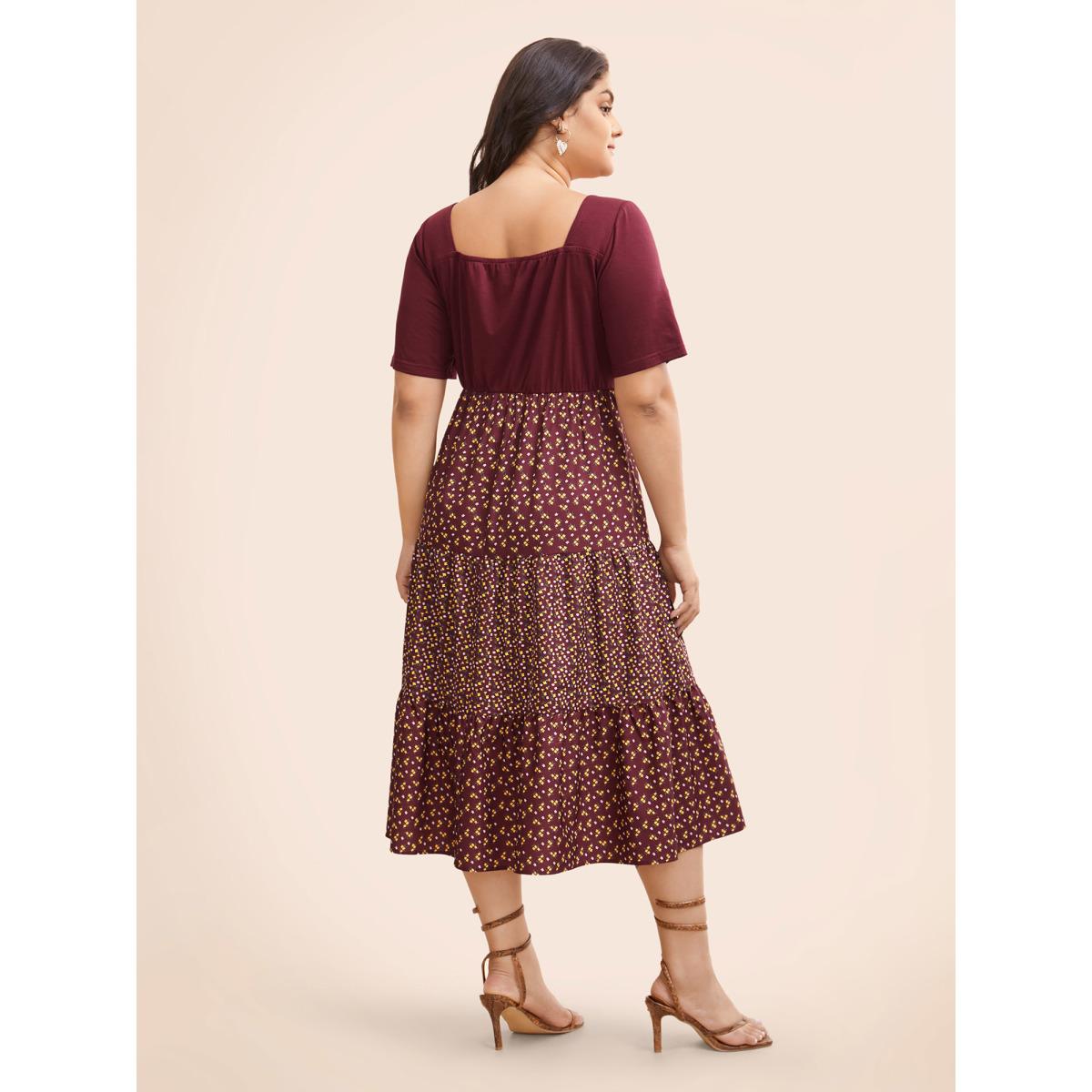 Plus Size Ditsy Floral Patchwork Ruffle Layered Hem Dress Burgundy Women Elegant Patchwork Heart neckline Short sleeve Curvy BloomChic 28/5X Product Image