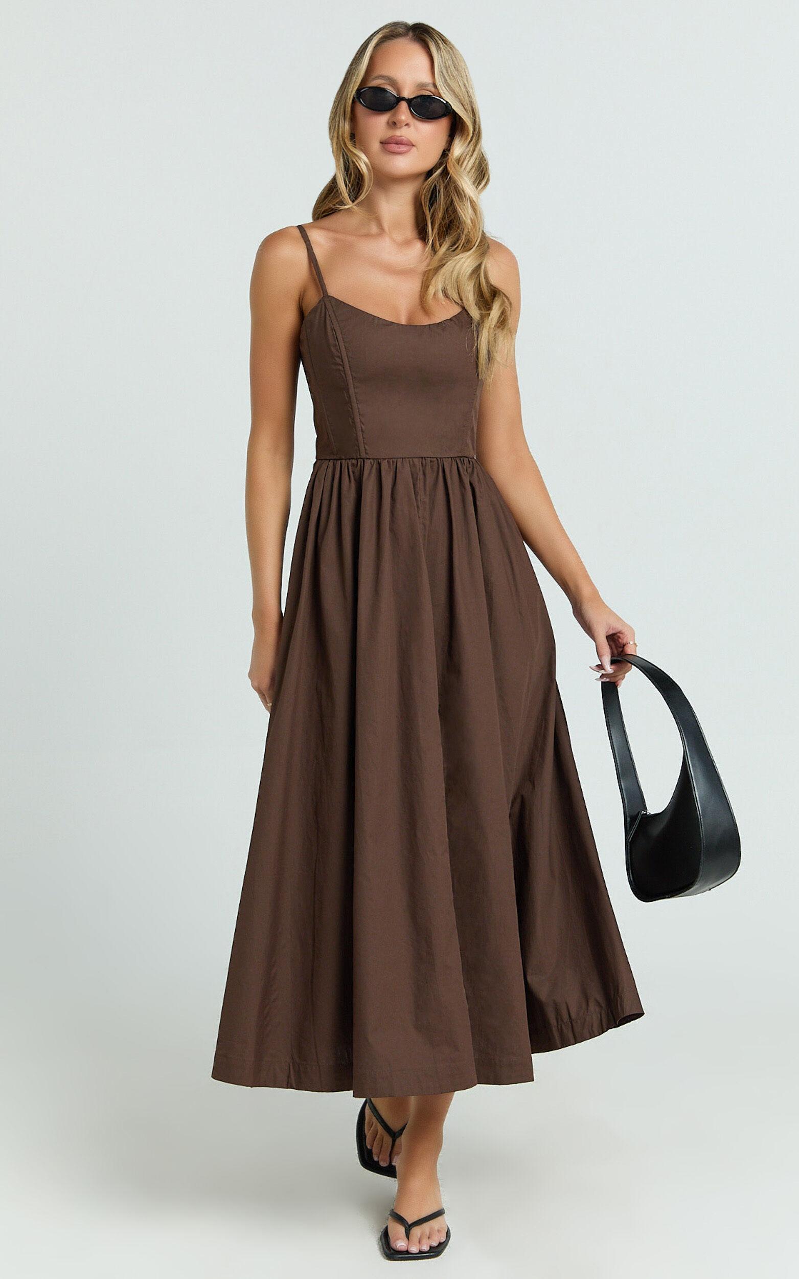 Braelyn Midi Dress - Scoop Neck Flare Dress in Chocolate Product Image