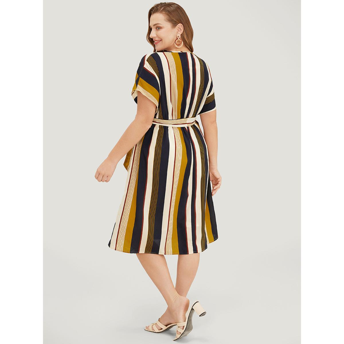 Plus Size Striped Patchwork Belted Ruffles Pocket Dolman Sleeve Dress Multicolor Women Vacation Contrast Round Neck Short sleeve Curvy Knee Dress BloomChic 28/5X Product Image