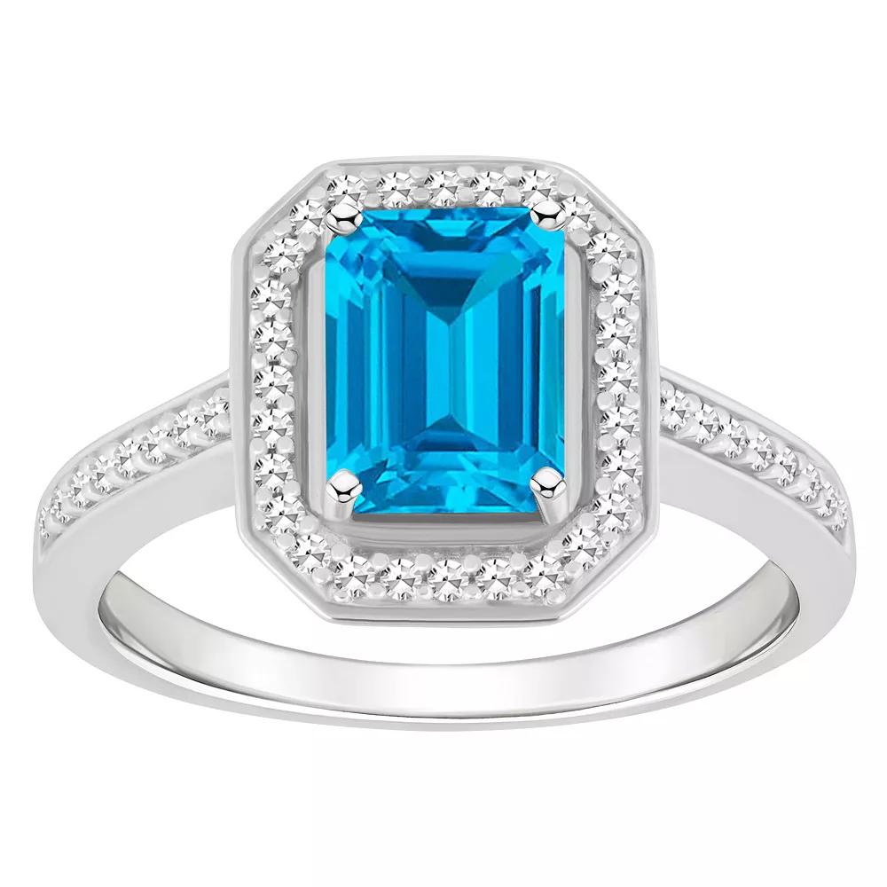 Celebration Gems Sterling Silver 8 mm x 6 mm Emerald Cut Gemstone & 1/5 Carat T.W. Diamond Halo Ring, Women's, Blue Topaz Product Image