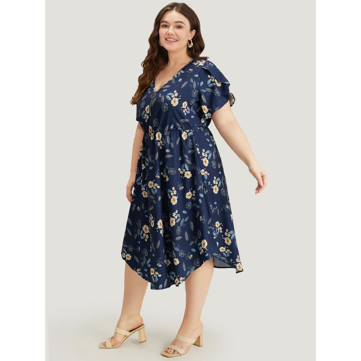 Plus Size Floral Arc Hem Pocket Split Petal Sleeve Zip Up Dress Navy Women Office Lined V-neck Short sleeve Curvy Midi Dress BloomChic 26/4X Product Image