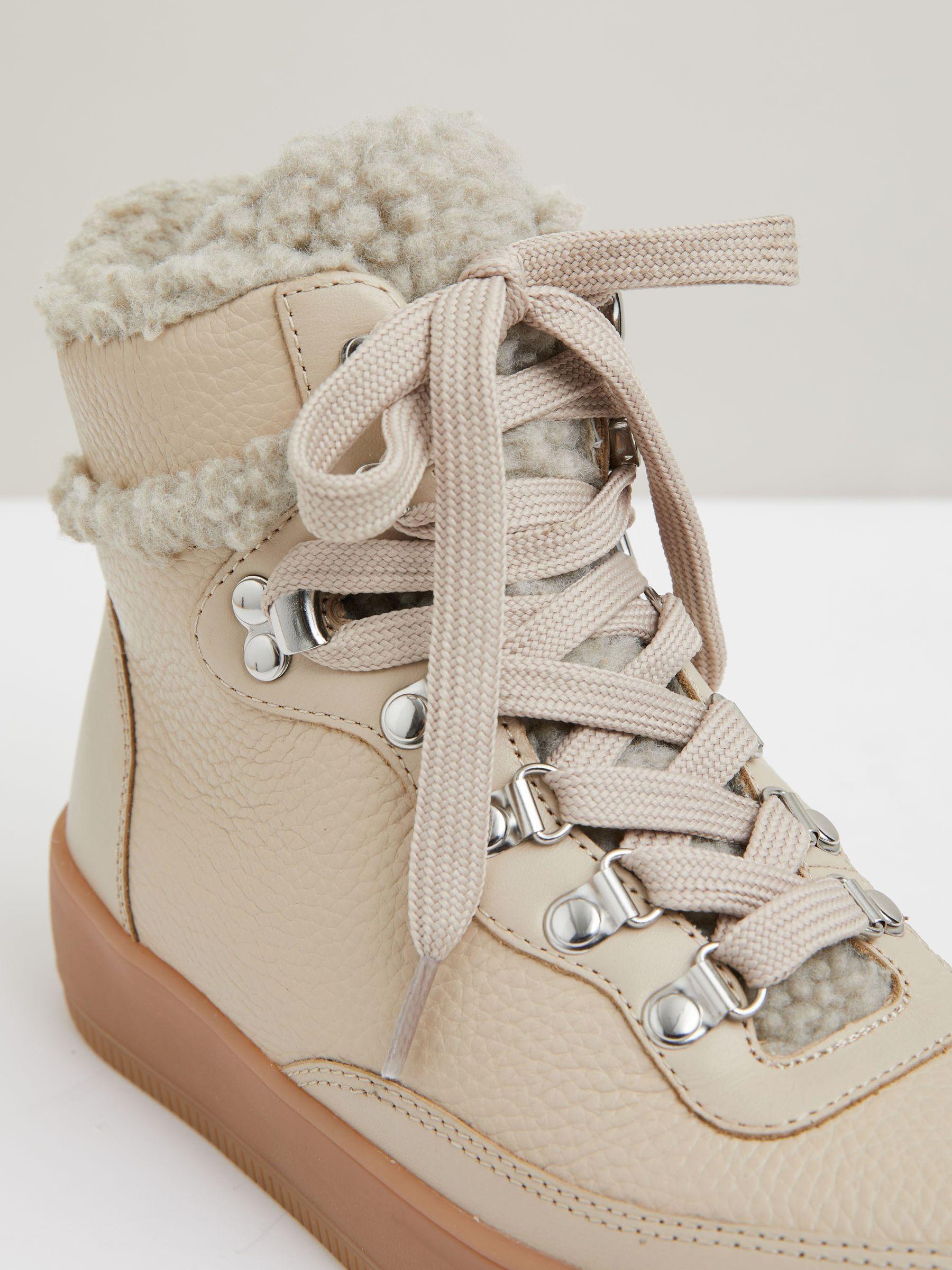 Grained Leather and Fleece Ankle Boots in Cream Product Image