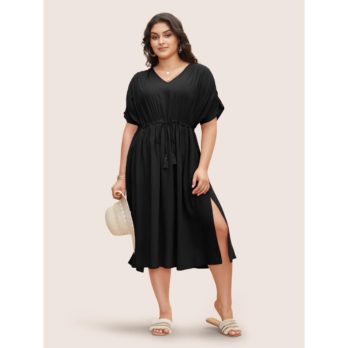 Plus Size Solid Drawstring Gathered Dolman Sleeve Dress Black Women Resort Gathered V-neck Half Sleeve Curvy BloomChic 22-24/3X Product Image